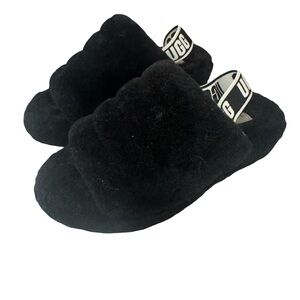 UGG Black Fluffy Slides with Logo Strap